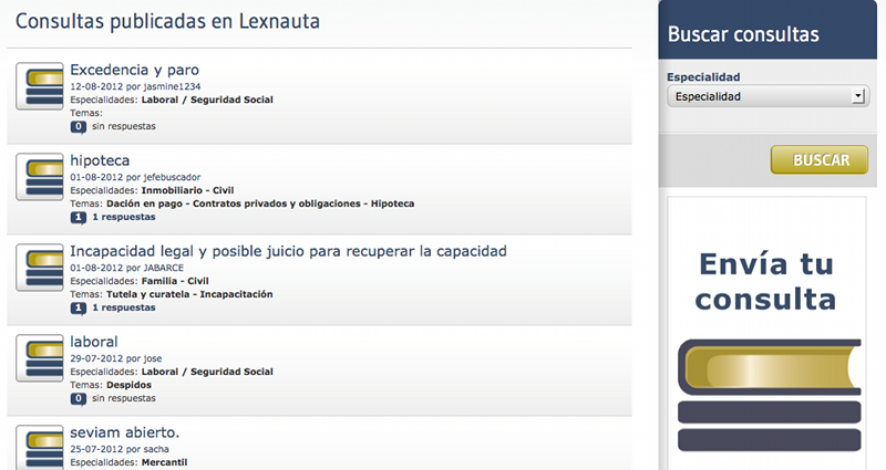 Página listado de consultas en lexnauta.com